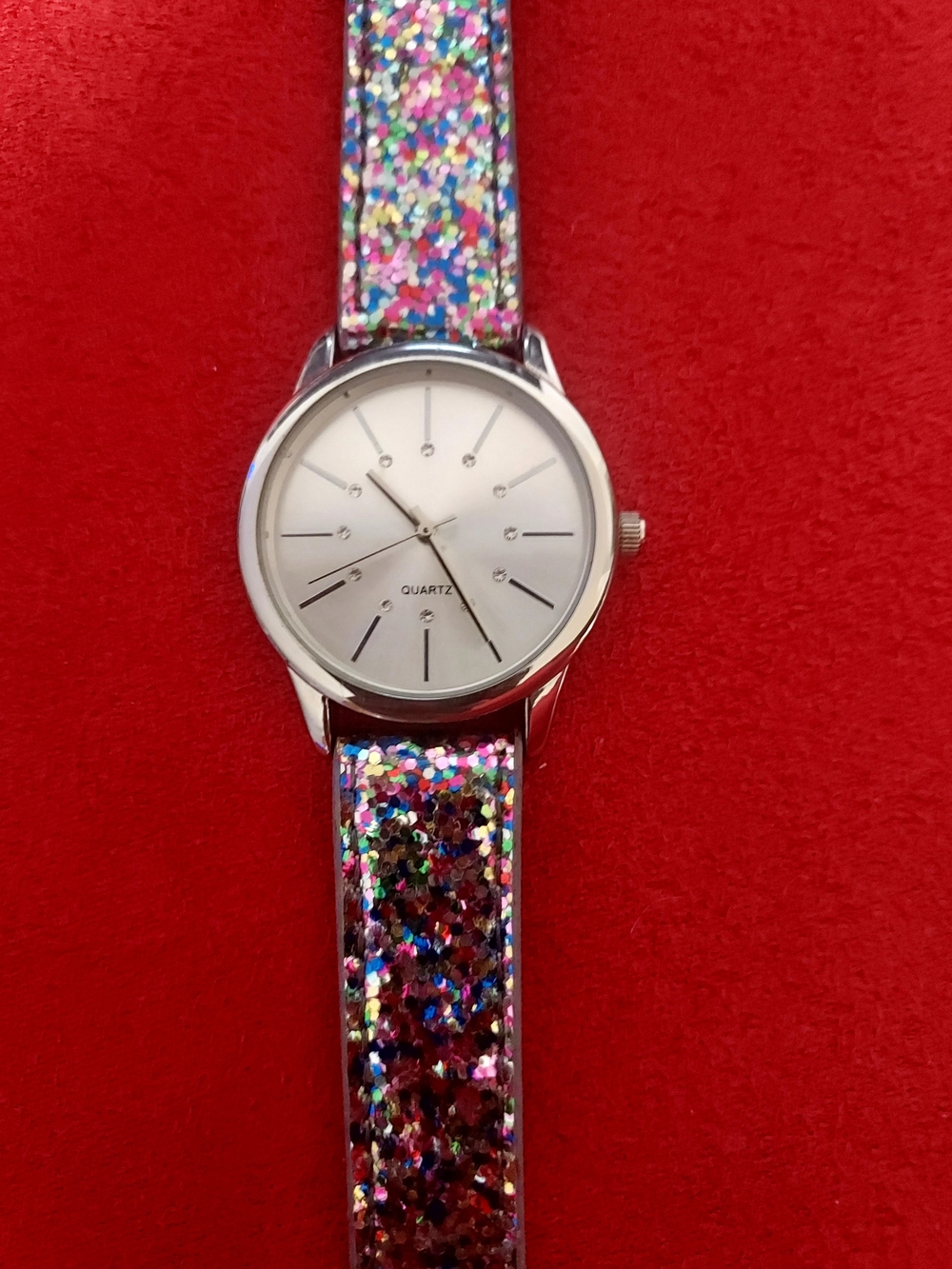 Glitter Multicolor Strap Silver Face Quartz Watch